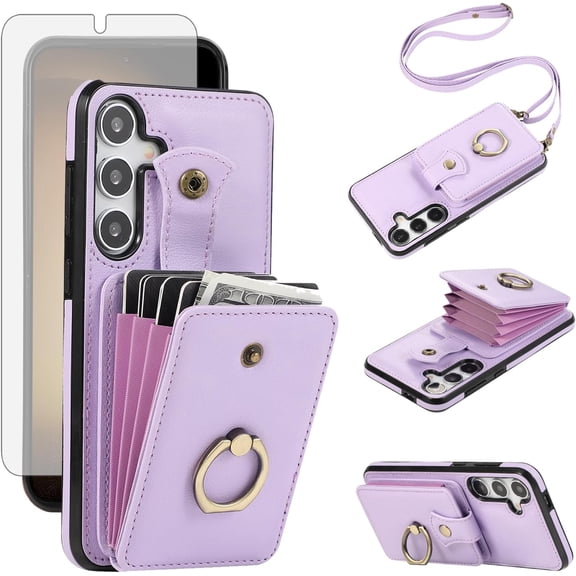 MYKOMI Phone Case for Samsung Galaxy S24 Plus S24+ 5G Wallet Cell Cover with HD Screen Protector and Crossbody Strap Ring Stand RFID Credit Card Holder Kickstand S24plus 24S + S 24 24+ Women Girls