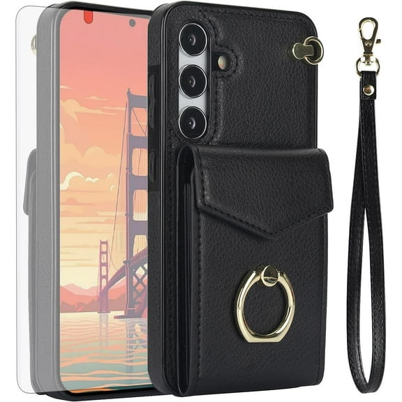 MYKOMI Phone Case for Samsung Galaxy S24 Plus S24+ 5G Wallet Cover with HD Screen Protector and RFID Blocking Ring Stand Card Holder Cell Accessories S24plus 24S + S 24 24+ Women Men Black