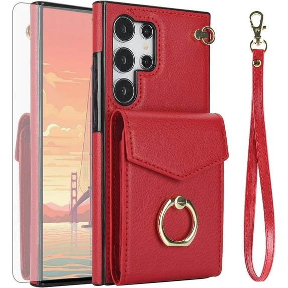 MYKOMI Phone Case for Samsung Galaxy S24 Ultra 5G Wallet Cover with HD Screen Protector and RFID Blocking Ring Stand Credit Card Holder Cell S24Ultra 24S S 24 24Ultra Women Men Red
