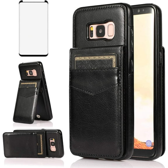 MYKOMI Phone Case for Samsung Galaxy S8 with HD Screen Protector and Credit Card Holder Wallet Cover Stand Leather Cell Accessories Glaxay S 8 Gaxaly 8S Edge SM-G950U Cases Women Men Black
