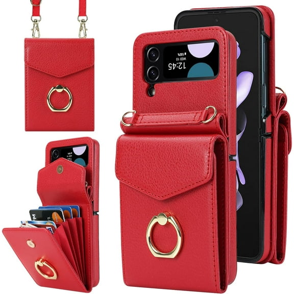 MYKOMI Phone Case for Samsung Galaxy Z Flip 4 5G 2022 Wallet Cover with RFID Blocking Ring Crossbody Wrist Strap Stand Credit Card Holder Leather TPU Cell Accessories ZFlip4 Z4 Flip4 4Z Women Men