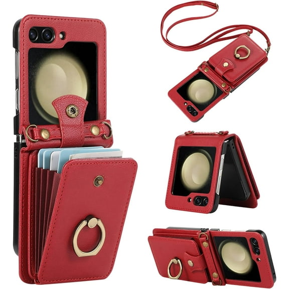 MYKOMI Phone Case for Samsung Galaxy Z Flip 5 5G 2023 Wallet Cell Cover with Crossbody Strap Ring Stand RFID Credit Card Holder Leather Accessories ZFlip5 Z5 G Flip5 5Z Women Men Girls