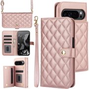 MYKOMI Phone Case for Google Pixel 9/Pixel 9 Pro, PU Leather Wallet Case with Card Holder Wrist Strap Kickstand Shockproof Protective Cover Case