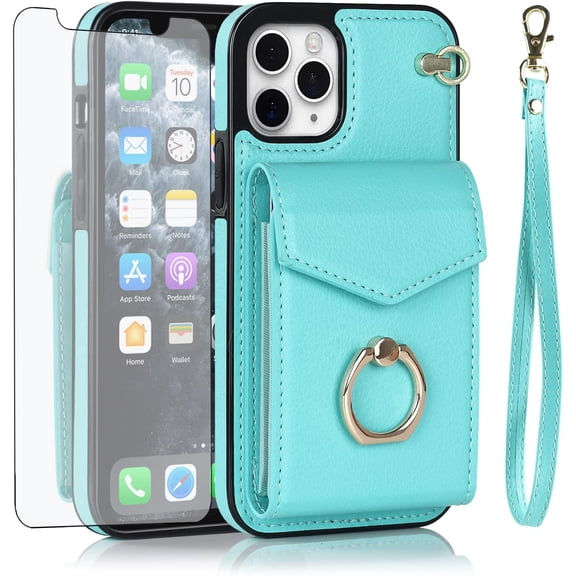 MYKOMI Phone Case for iPhone 11 Pro Max 6.5 Wallet Cover with HD Screen Protector and RFID Blocking Ring Stand Card Holder Cell Accessories iPhone11 11pro Promax i XI Plus Women Teal
