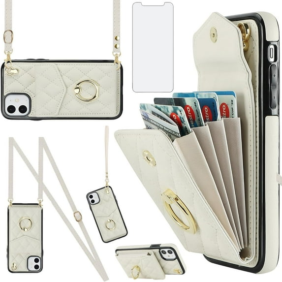 MYKOMI Phone Case for iPhone 12 Pro iPhone12 6.1 Wallet Cover with HD Screen Protector Crossbody Wrist Strap Ring RFID Blocking Card Holder Cell iPhone12pro 5G i 12s 12pro Women