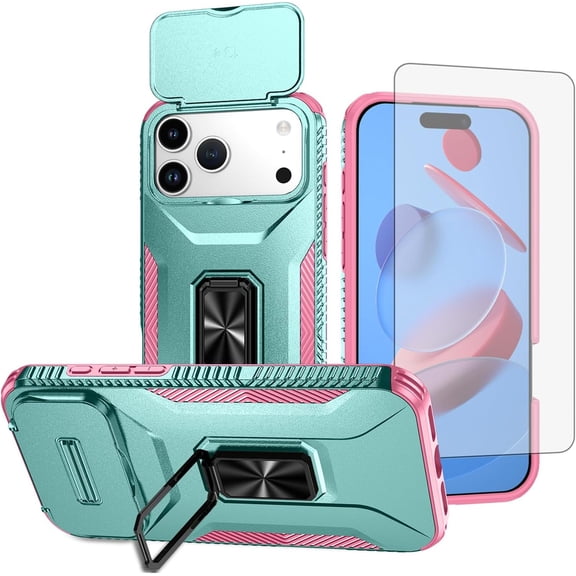 MYKOMI Phone Case for iPhone 17 Pro Max 6.9 inch 2025 with Slide Camera Cover Tempered Glass Screen Protector Ring Holder Stand Rugged Slim Cell Protective i Phone17 17Pro i17 17ProMax Women