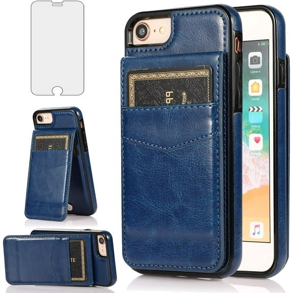 MYKOMI Phone Case for iPhone 7/8/SE 2020/2022 with HD Screen Protector Credit Card Holder Wallet Cover Stand Leather Cell iPhone7 iPhone8 SE2020 SE2022 2/2nd/3/3rd Generation SE2 SE3 Cases Blue
