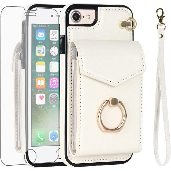 MYKOMI Phone Case for iPhone 7/8/SE 2020/2022 Wallet Cover with HD Screen Protector and RFID Ring Card Holder Cell iPhone7 iPhone8 7s 8s i SE2020 SE2022 2/2nd/3/3rd Generation SE2 SE3 Women Men