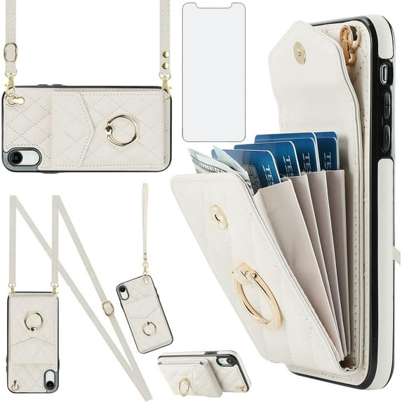 MYKOMI Phone Case for iPhone XR 6.1 Wallet Cover with HD Screen Protector Ring RFID Blocking Card Holder Cell iPhoneXR iPhone10R i Phonex 10XR 10R RX CR iPhoneXRcases Women Girls Off White