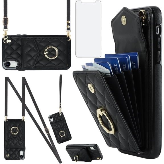 MYKOMI Phone Case for iPhone XR 6.1 Wallet Cover with HD Screen Protector Ring RFID Blocking Card Holder Cell iPhoneXR iPhone10R i Phonex 10XR 10R RX CR iPhoneXRcases Women Girls Black