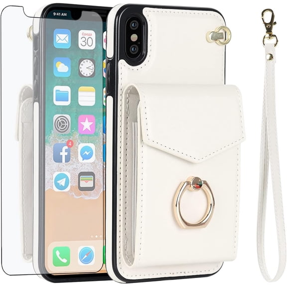 MYKOMI Phone Case for iPhone Xs Max Wallet Cover with HD Screen Protector and RFID Ring Credit Card Holder Cell Accessories i X XR Xsmax 10x SX Xmax 10xs 10s 10 Plus Xmaxs Women Off White