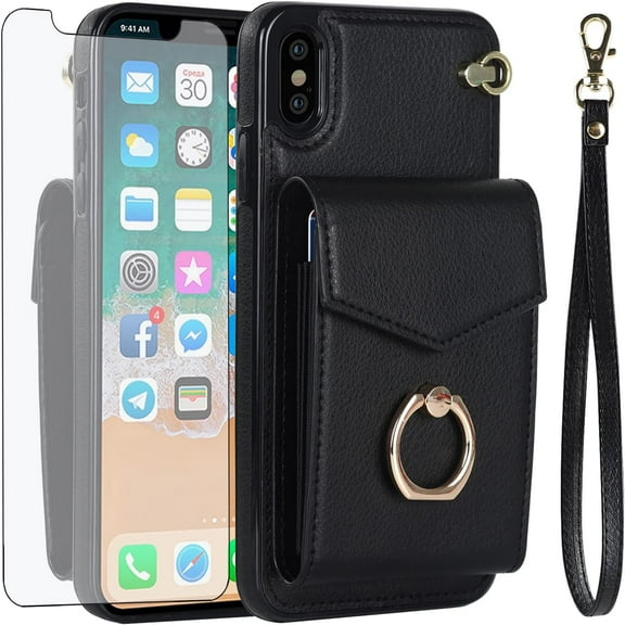 MYKOMI Phone Case for iPhone Xs Max Wallet Cover with HD Screen Protector and RFID Ring Credit Card Holder Cell Accessories i X XR Xsmax 10x SX Xmax 10xs 10s 10 Plus Xmaxs Women Black