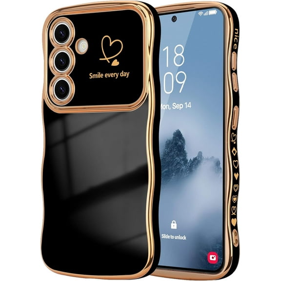 MYKOMI for Samsung Galaxy A36/A56 Case for Women Girls, Cute Wave Frame Curly Shape with Love Heart Raised Camera Protection Cover Luxury Plating Shockproof Phone Case for Galaxy A36/A56