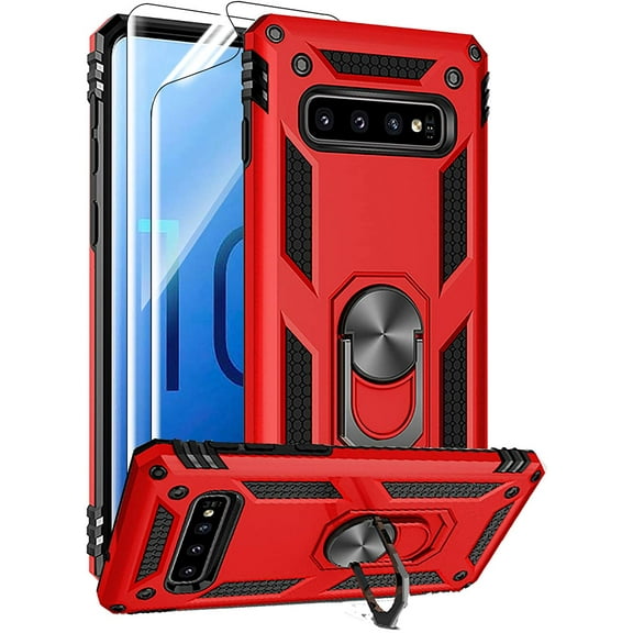 MYKOMI for Samsung Galaxy S10 Plus Case with HD Screen Protectors, Military-Grade Metal Ring Holder Kickstand 15ft Drop Tested Shockproof Cover Case for Samsung Galaxy S10+ (2019)
