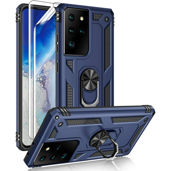 MYKOMI for Samsung Galaxy S21 Ultra 5G Case with HD Screen Protectors, Military-Grade Metal Ring Holder Kickstand 15ft Drop Tested Shockproof Cover Case for Samsung Galaxy S21 Ultra