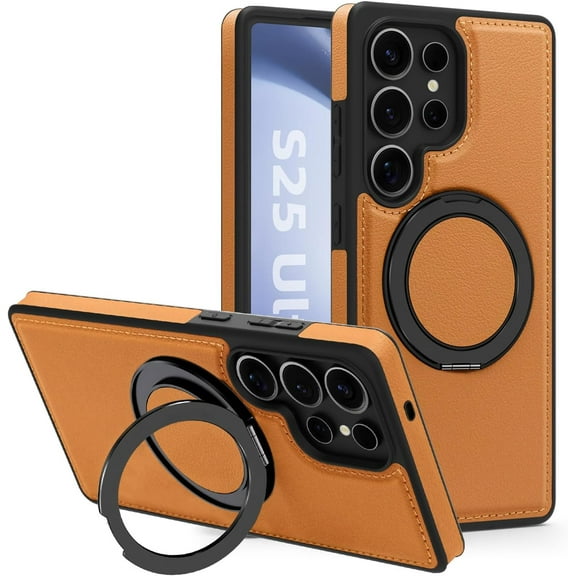 MYKOMI for Samsung Galaxy S25 Ultra Case Leather Magnetic [Compatible with MagSafe][360°Rotatable Ring Stand & Kickstand] Phone Cover for Samsung S25 Ultra