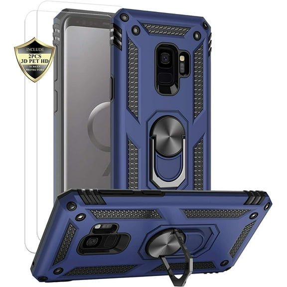 MYKOMI for Samsung Galaxy S9 Case with HD Screen Protectors, Military-Grade Metal Ring Holder Kickstand 15ft Drop Tested Shockproof Cover Case for Samsung Galaxy S9 (2018)