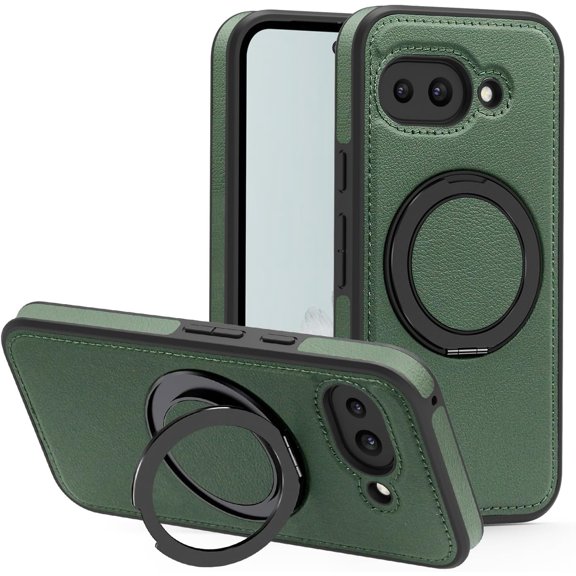 MYKOMI Shockproof Case Fit for Google Pixel 9A Leather 360 Degree Rotatable Ring Stand Metal Adjustable Kickstand Magnetic Phone Cover for Pixel 9A 2025