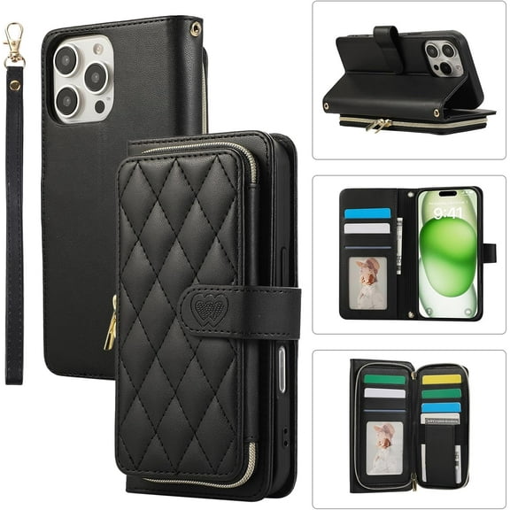 MYKOMI Wallet Case for iPhone 13 Pro Max 6.7 inches with Zipper Card Holder & Shoulder Strap & Wrist Strap, Crossbody Purse Handbag Stylish Protective Cover for iPhone 13 Pro Max