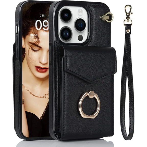 MYKOMI Wallet Phone Case Compatible with Apple iPhone 13 Leather Case with Card Holder & 360° Ring Kickstand & Wrist Strap Purse Cover Magnetic Closure Flip Handbag Shell for Women