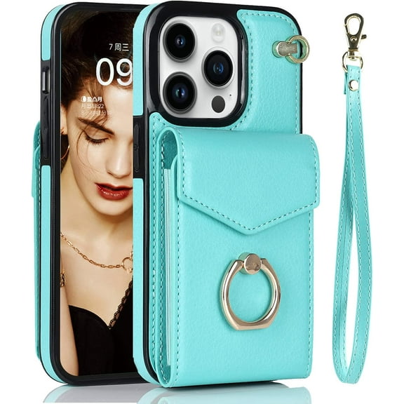 MYKOMI Wallet Phone Case Compatible with Apple iPhone 14 Pro Max Leather Case with Card Holder & 360° Ring Kickstand & Wrist Strap Purse Cover Magnetic Closure Flip Handbag Shell for Women
