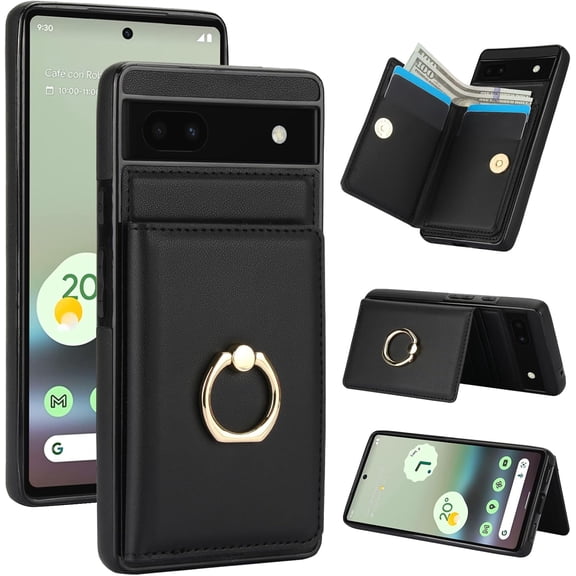 MYKOMI for Google Pixel 6A Wallet Case, Leather Case with Credit Card Holder and 360° Rotation Ring Stand, RFID Block Flip Leather Shockproof Cover