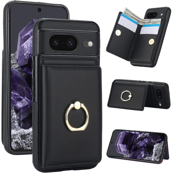 MYKOMI for Google Pixel 8 Wallet Case, Leather Case with Credit Card Holder and 360° Rotation Ring Stand, RFID Block Flip Leather Shockproof Cover