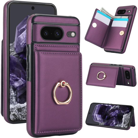MYKOMI for Google Pixel 8 Wallet Case, Leather Case with Credit Card Holder and 360° Rotation Ring Stand, RFID Block Flip Leather Shockproof Cover