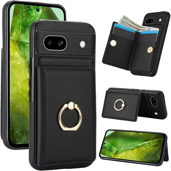 MYKOMI for Google Pixel 8A Wallet Case, Leather Case with Credit Card Holder and 360° Rotation Ring Stand, RFID Block Flip Leather Shockproof Cover