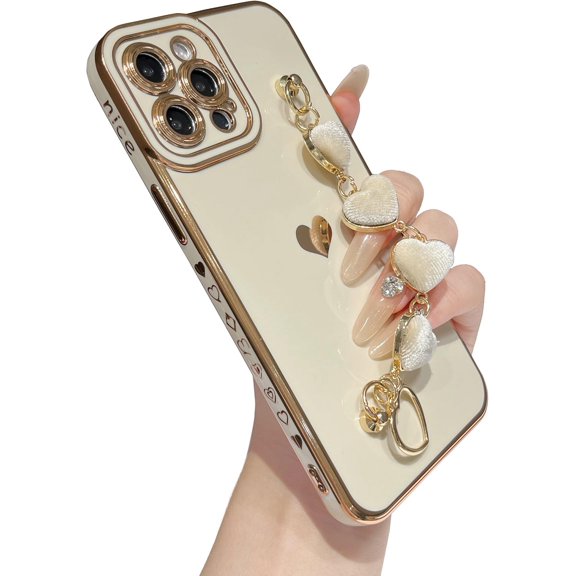 MYKOMI for iPhone 12 Pro Max Case,Cute Plating Love Heart Wrist Strap Chain Bracelet Phone Case