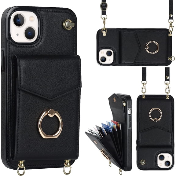 MYKOMI for iPhone 13 Case 6.1 inch, Minimalist Wallet Case with Ring Kickstand and Shoulder Strap, Shockproof Stylish Protective Cover for iPhone 13