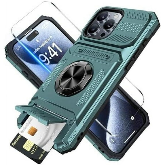 MYKOMI for iPhone 16 Pro Wallet Case with Card Holder, 2 Tempered Glass Screen Protector, Protective Shockproof Hidden Card Slot Slim Case 6.3 inch