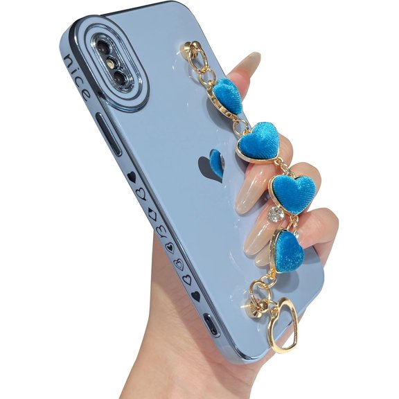 MYKOMI for iPhone X/Xs Case,Cute Plating Love Heart Wrist Strap Chain Bracelet Phone Case
