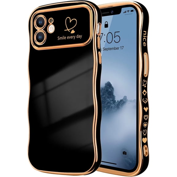 MYKOMI for iPhone 11 Case for Women Girls, Cute Wave Frame Curly Shape with Love Heart Pattern Raised Camera Protection Cover Luxury Plating Shockproof Phone Case for iPhone 11