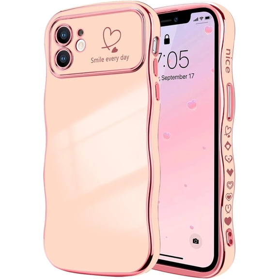 MYKOMI for iPhone 11 Case for Women Girls, Cute Wave Frame Curly Shape with Love Heart Pattern Raised Camera Protection Cover Luxury Plating Shockproof Phone Case for iPhone 11