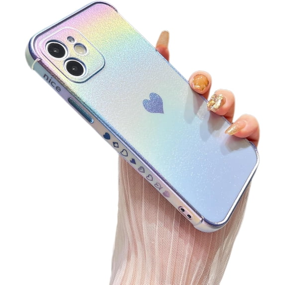 MYKOMI for iPhone 12 Case 6.1 inch,Cute Colorful Iridescent Plating Edge Case with Love Hearts Pattern,Camera Lens Protection Shockproof Phone Case for Women Girls