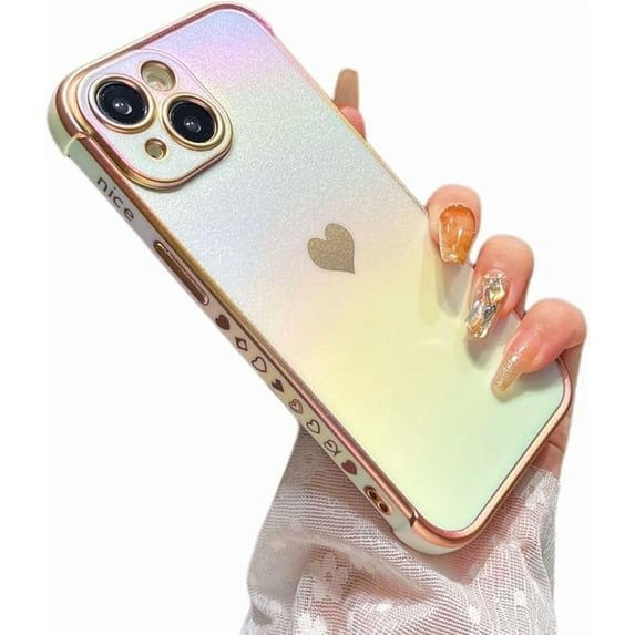 MYKOMI for iPhone 13 Case 6.1 inch,Cute Colorful Iridescent Plating Edge Case with Love Hearts Pattern,Camera Lens Protection Shockproof Phone Case for Women Girls