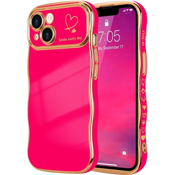 MYKOMI for iPhone 13 Case for Women Girls, Cute Wave Frame Curly Shape with Love Heart Pattern Raised Camera Protection Cover Luxury Plating Shockproof Phone Case for iPhone 13