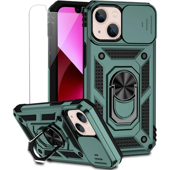 MYKOMI for iPhone 13 Mini Case with Camera Lens Cover HD Screen Protector, Dual Layer Military Grade Drop Protection Magnetic Ring Holder Kickstand Protective Phone Case for iPhone 13 Mini 5.4 inch