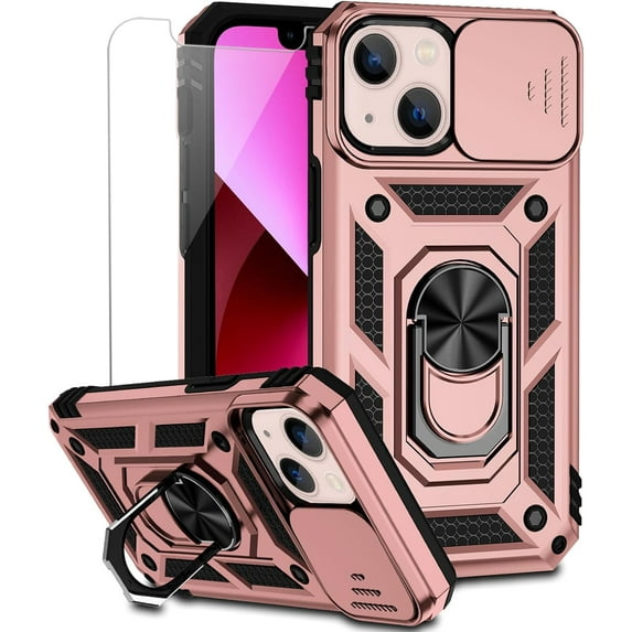 MYKOMI for iPhone 13 Mini Case with Camera Lens Cover HD Screen Protector, Dual Layer Military Grade Drop Protection Magnetic Ring Holder Kickstand Protective Phone Case for iPhone 13 Mini 5.4 inch