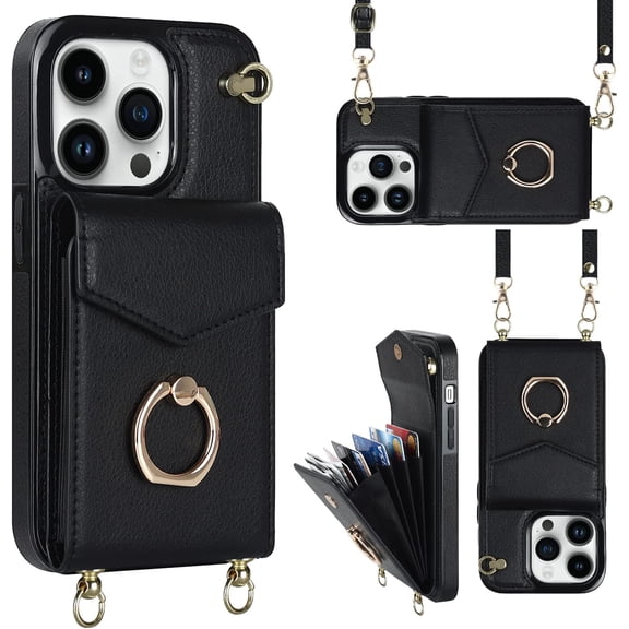 MYKOMI for iPhone 13 Pro Max Case 6.7 inch, Minimalist Wallet Case with Ring Kickstand and Shoulder Strap, Shockproof Stylish Protective Cover for iPhone 13 Pro Max