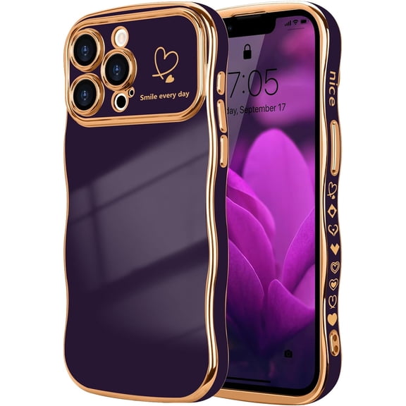 MYKOMI for iPhone 13 Pro Max Case for Women Girls, Cute Wave Frame Curly Shape with Love Heart Raised Camera Protection Cover Luxury Plating Shockproof Phone Case for iPhone 13 Pro Max