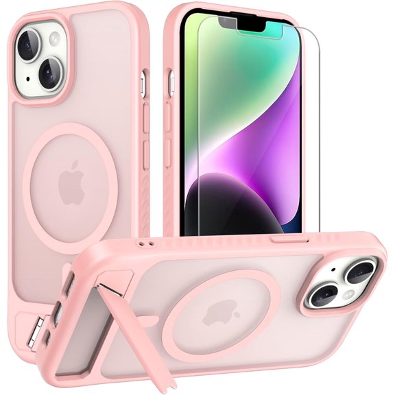 MYKOMI for iPhone 14/13 case: [fit for Magsafe] Strong Magnetic & Invisible Stand, Military-Grade Drop Protection with Screen Protector, Adjustable Kickstand Frosted Translucent Matte Phone Case