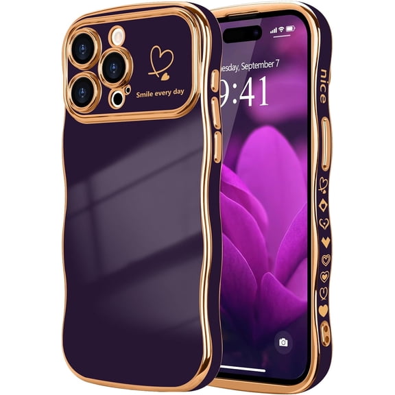 MYKOMI for iPhone 14 Pro Case for Women Girls, Cute Wave Frame Curly Shape with Love Heart Pattern Raised Camera Protection Cover Luxury Plating Shockproof Phone Case for iPhone 14 Pro