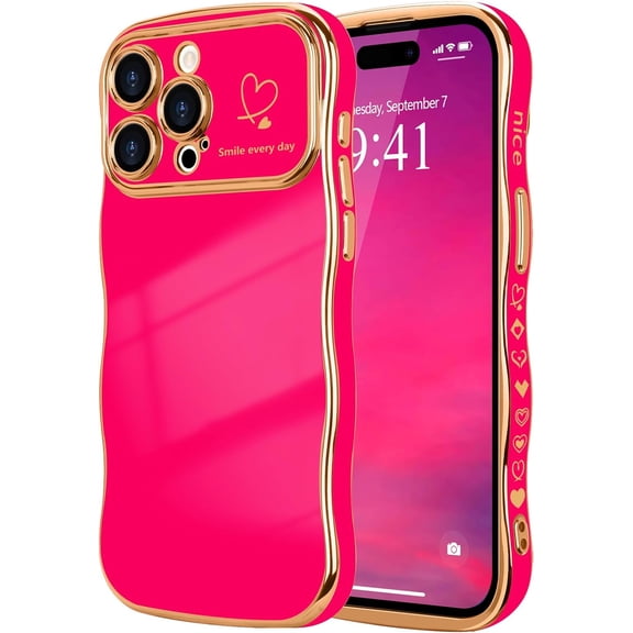 MYKOMI for iPhone 14 Pro Case for Women Girls, Cute Wave Frame Curly Shape with Love Heart Pattern Raised Camera Protection Cover Luxury Plating Shockproof Phone Case for iPhone 14 Pro
