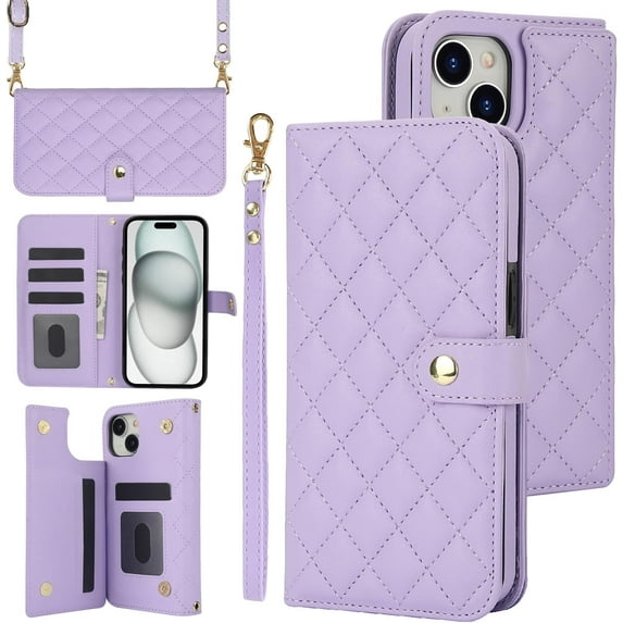 MYKOMI for iPhone 15 6.1 inch Wallet Case with S Pen Holder & Crossbody Lanyard Strap & Wrist Strip, Shockproof Stylish Protective Cover for iPhone 15