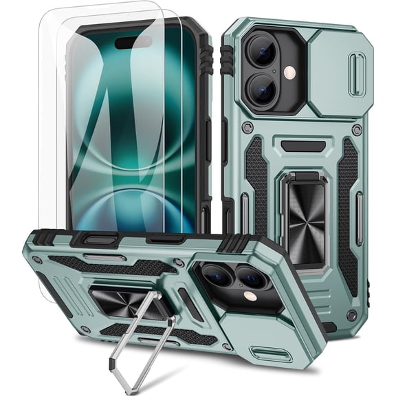 MYKOMI for iPhone 15 Case, with Slide Camera Cover & Built-in Rotating Kickstand Ring & Front Glass Screen Protector Phone Case for iPhone 15 6.1 inch