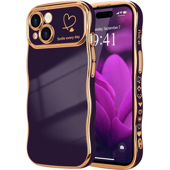 MYKOMI for iPhone 15 Case for Women Girls, Cute Wave Frame Curly Shape with Love Heart Pattern Raised Camera Protection Cover Luxury Plating Shockproof Phone Case for iPhone 15