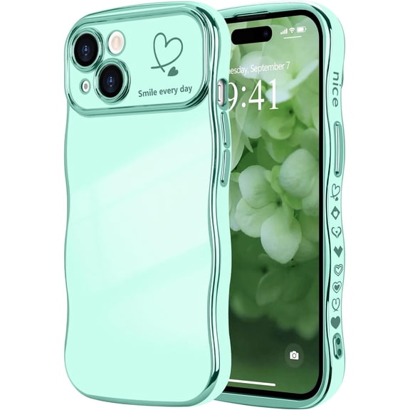 MYKOMI for iPhone 15 Case for Women Girls, Cute Wave Frame Curly Shape with Love Heart Pattern Raised Camera Protection Cover Luxury Plating Shockproof Phone Case for iPhone 15