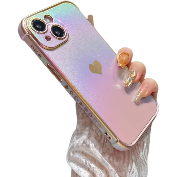MYKOMI for iPhone 15 Plus Case 6.7 inch,Cute Colorful Iridescent Plating Edge Case with Love Hearts Pattern,Camera Lens Protection Shockproof Phone Case for Women Girls
